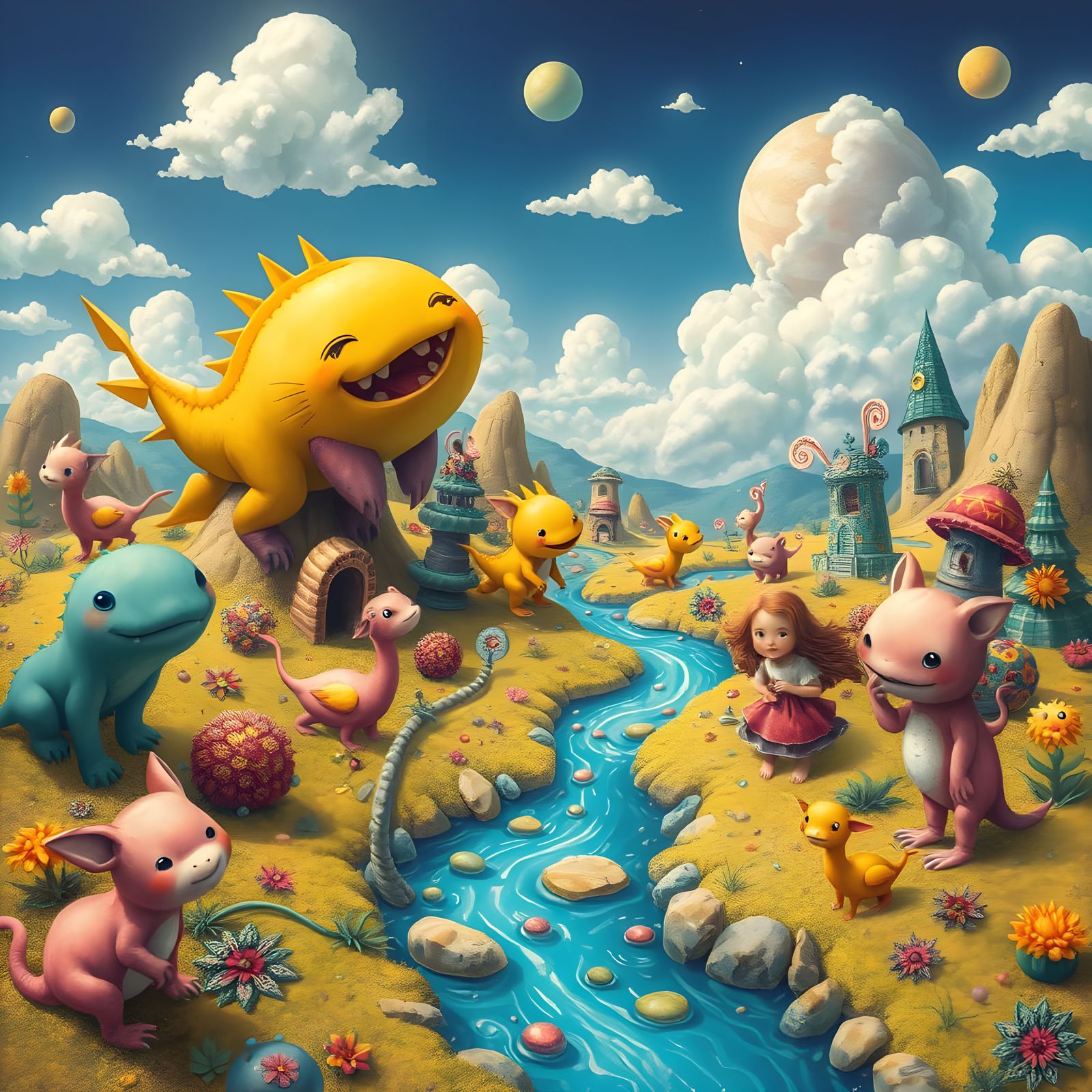 Whimsical Planet of Playful Creatures and Delighted Children