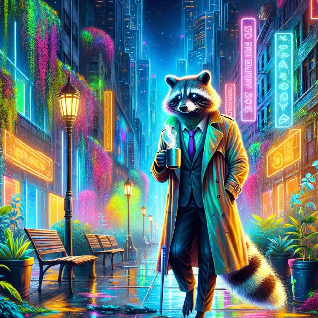 Cyberpunk Raccoon Detective in Neon City