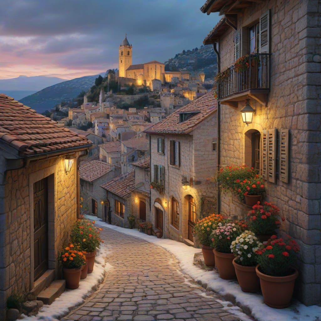 Medieval Èze, France in Golden Light with Christmas Decorati...