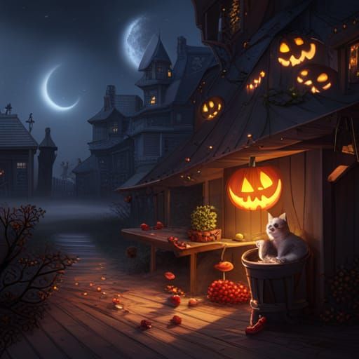 Halloween Black Cat Eats Candy Corn: Matte Painting