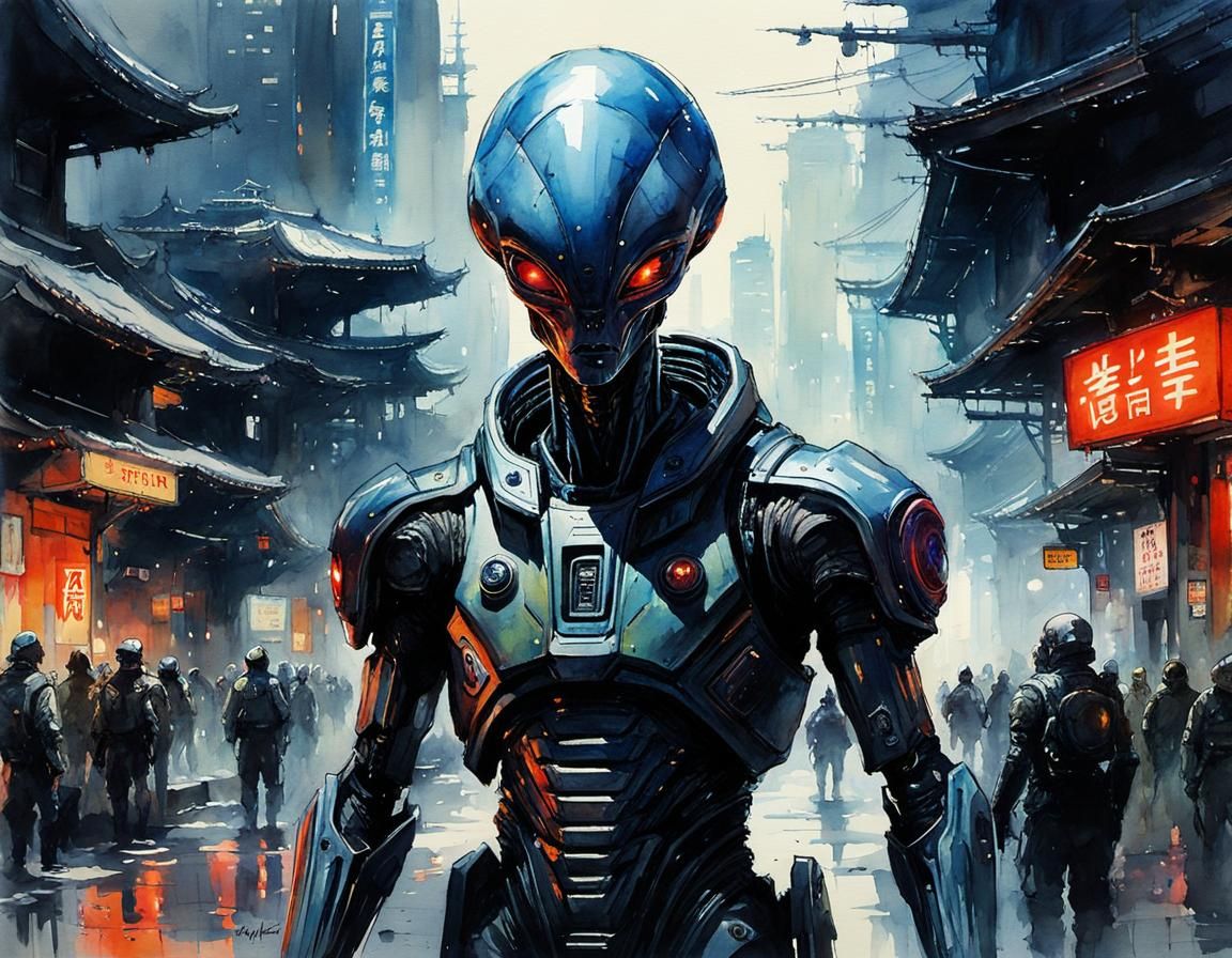 Alien Cyborg in Tokyo: Watercolor Sci-Fi Art