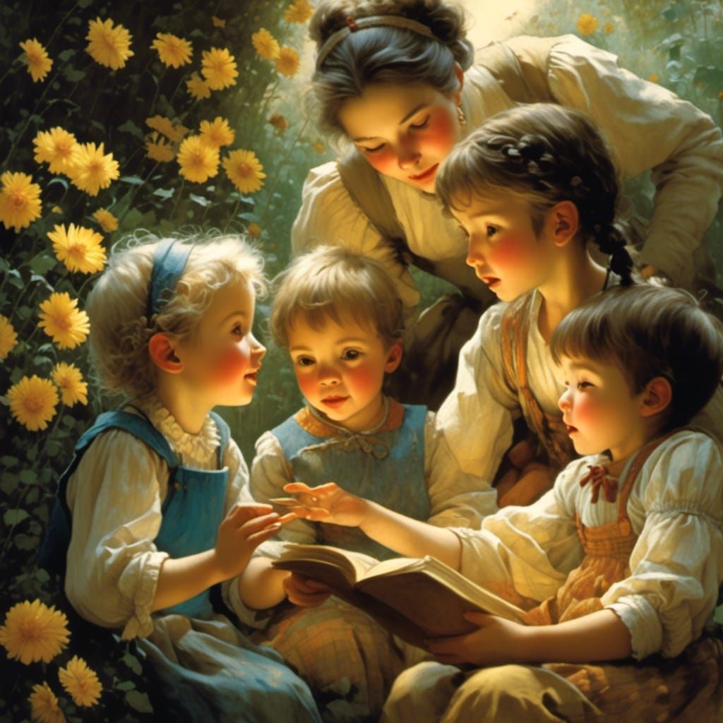 Grandmother's Evening Tales in a Blooming Garden