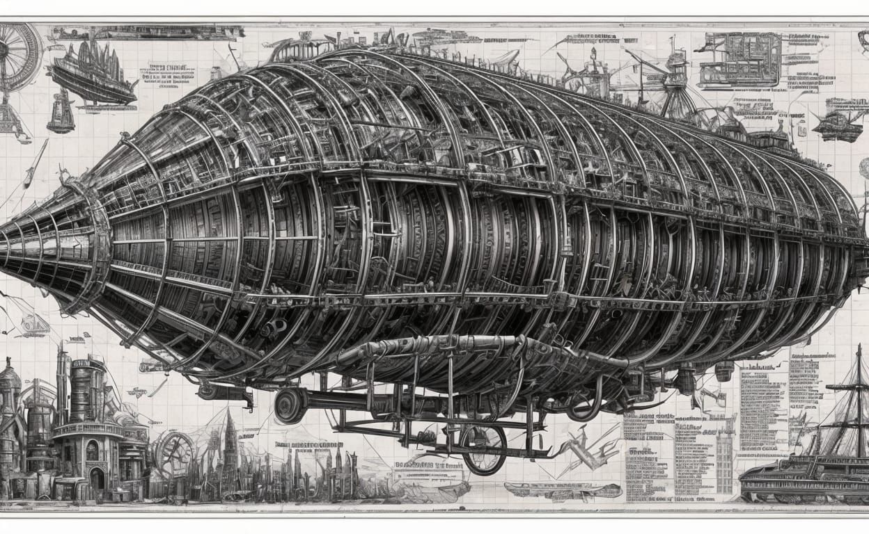 Steampunk Airship Blueprint Technical Drawing