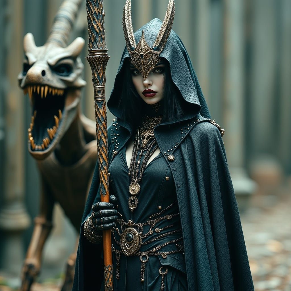 Dark Fantasy Dragon Cult Priestess in Scaled Hood and Cloak