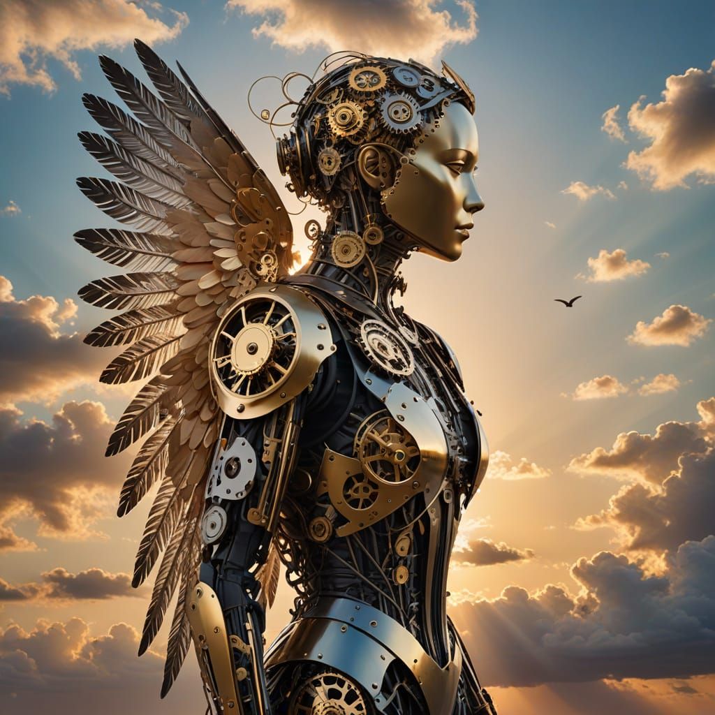 Elegant Humanoid with Feather and Clockwork Wings