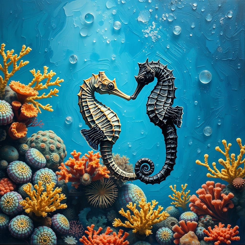 Seahorses Mating Among Coral Reefs as Impasto Painting