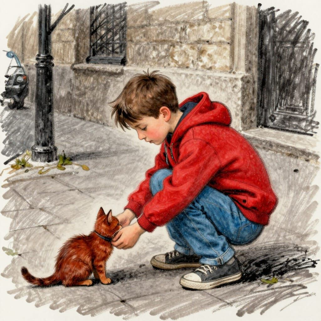 Un jeune garçon trouve un chat dans la rue