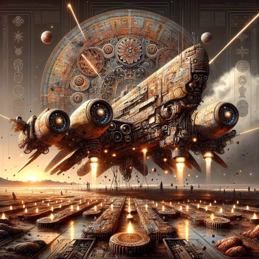 Retro-Futuristic Indonesian Spaceship Descending to Alien La...