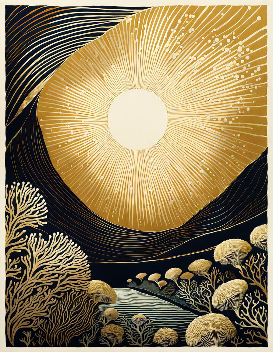 Intricate Coral Reef Linocut Illustration in Gold