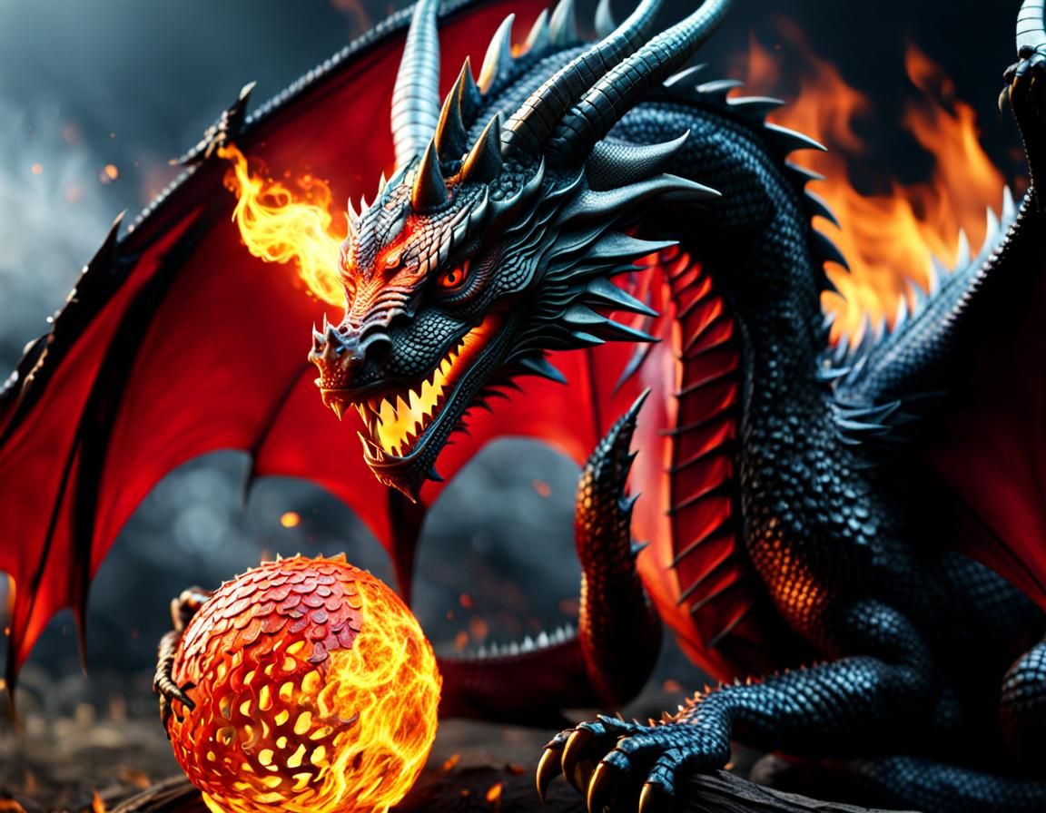 Majestic Fire Dragon Holding a Fiery Orb