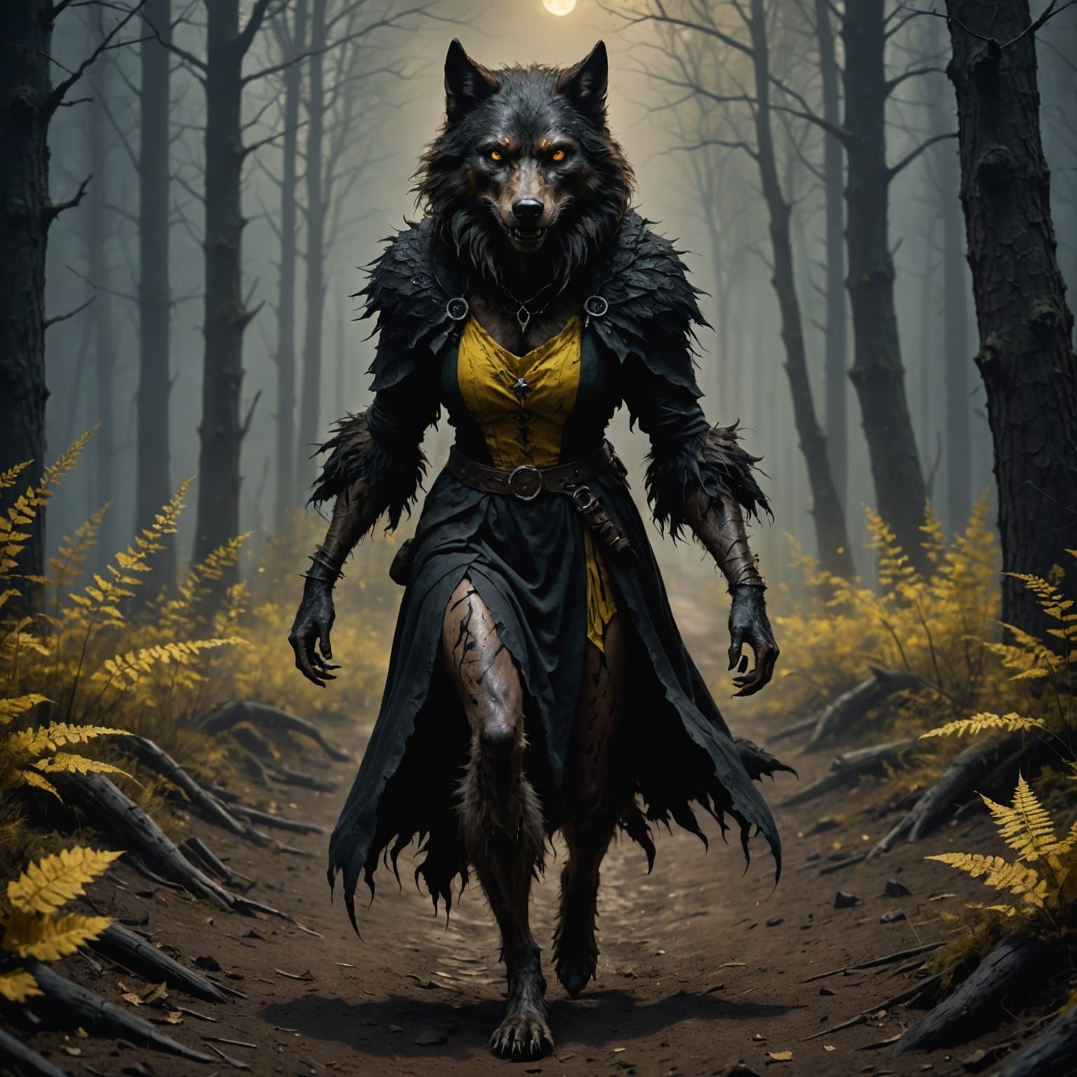 Feminine Werewolf in Tattered Dress in Spooky Forest