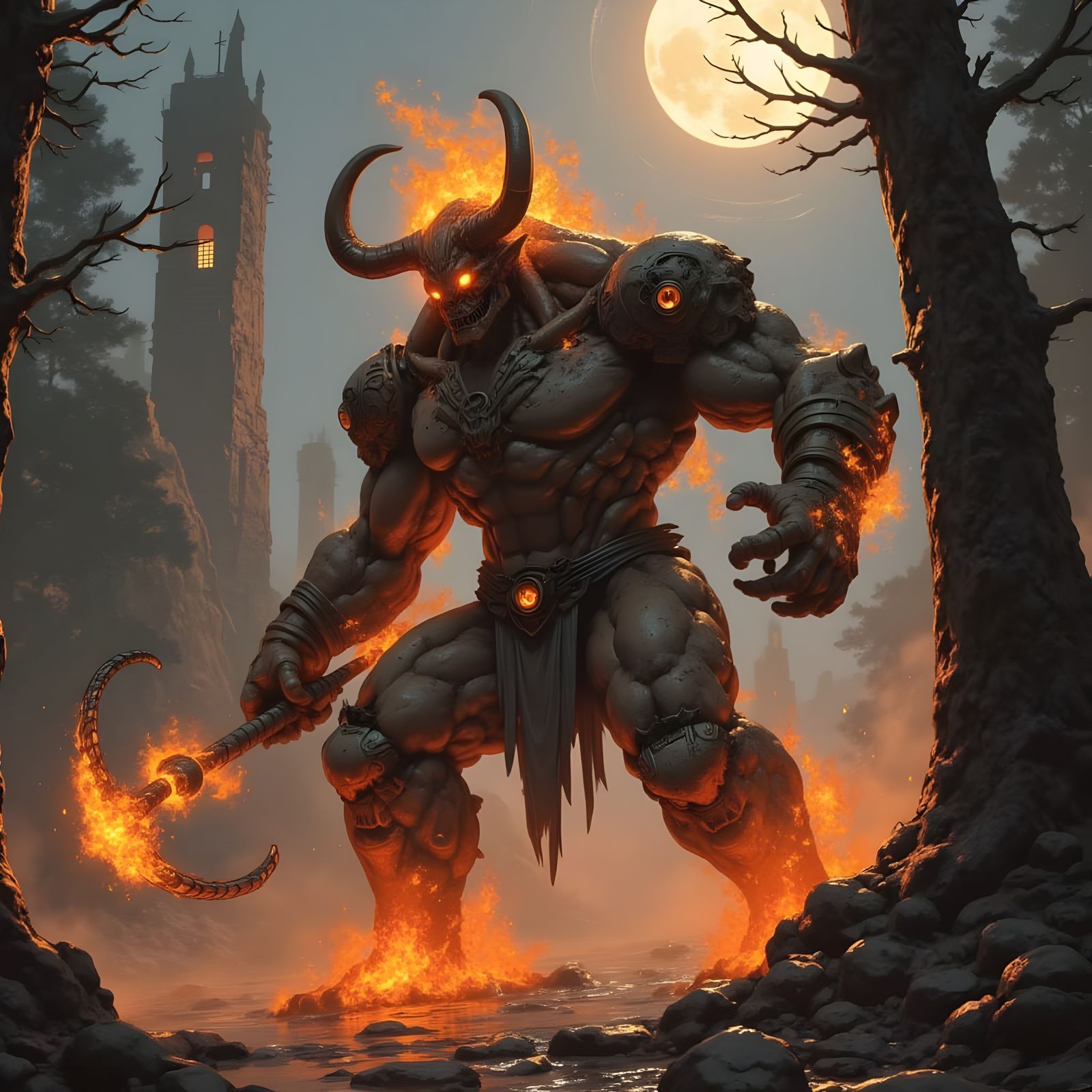 Cyberpunk Demon Erupts from Fog-Shrouded Landscape