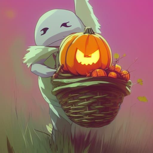 Cute Ghost with Pumpkin Basket in Anime Style
