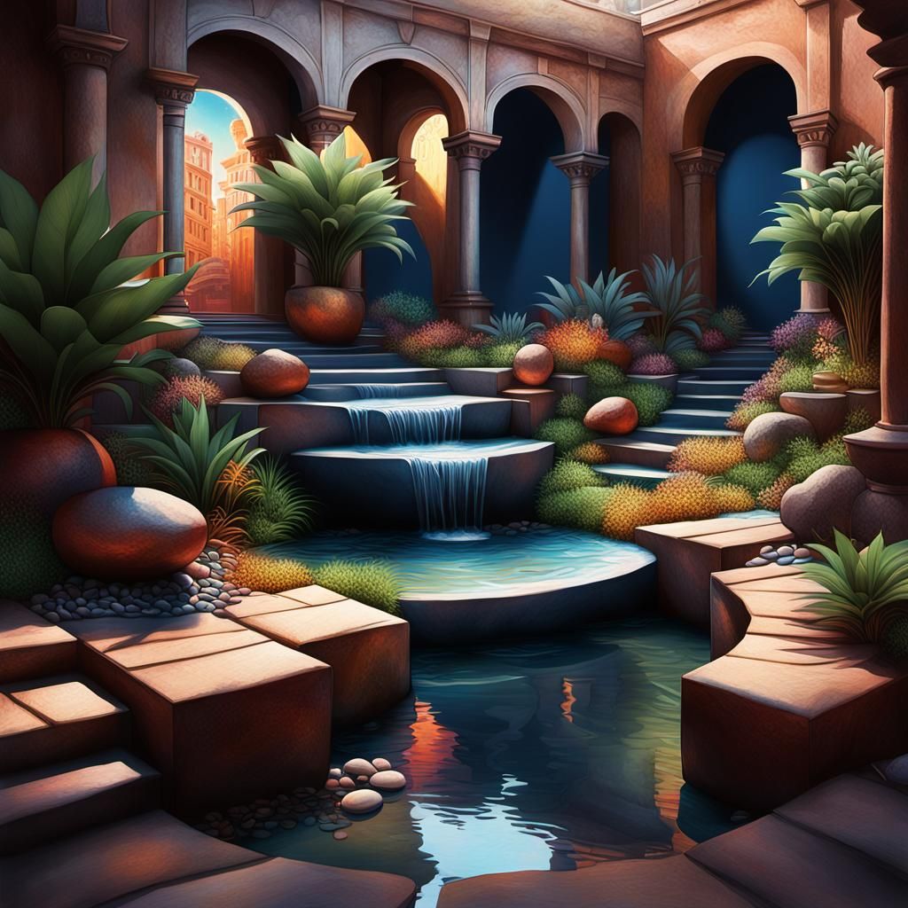 Hyperrealistic Courtyard Reflection in Splash Art Style