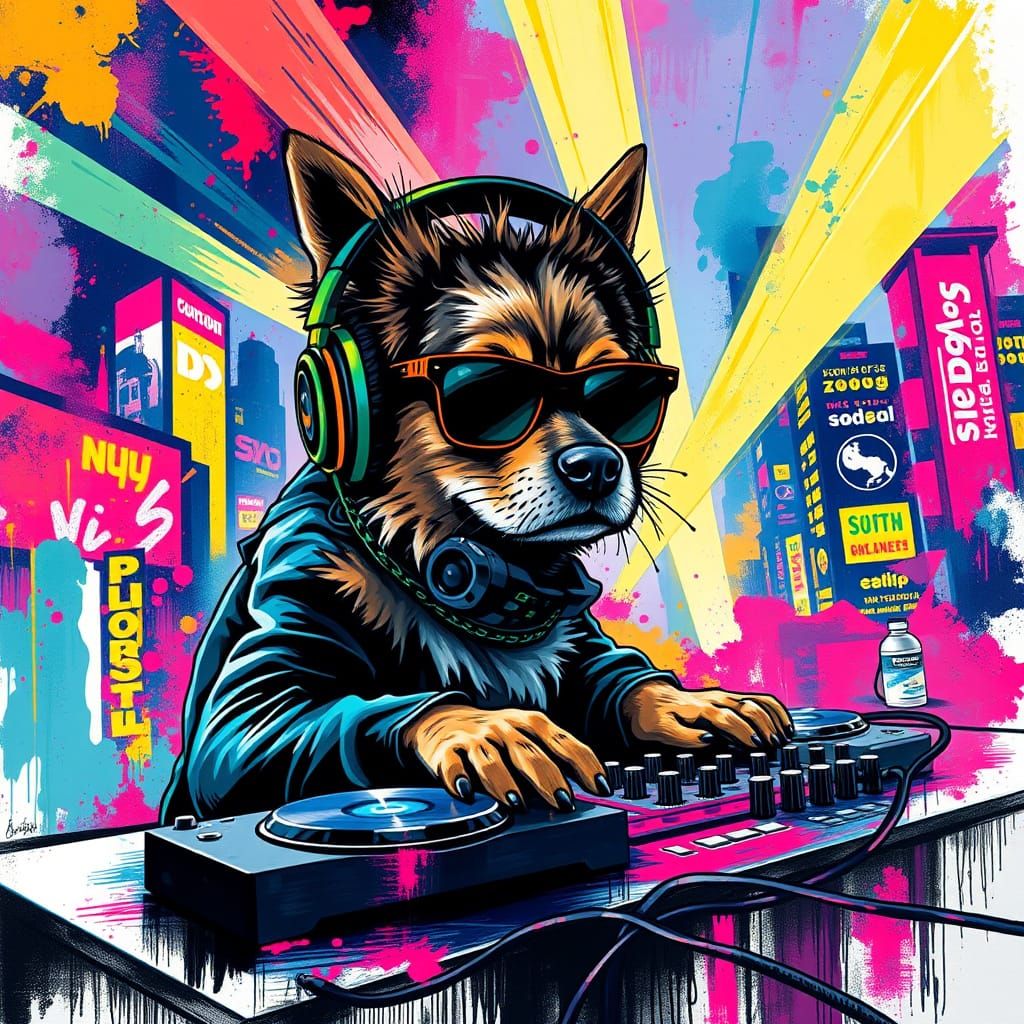 Hip Dog DJ in Urban Cityscape with Graffiti and Street Art
