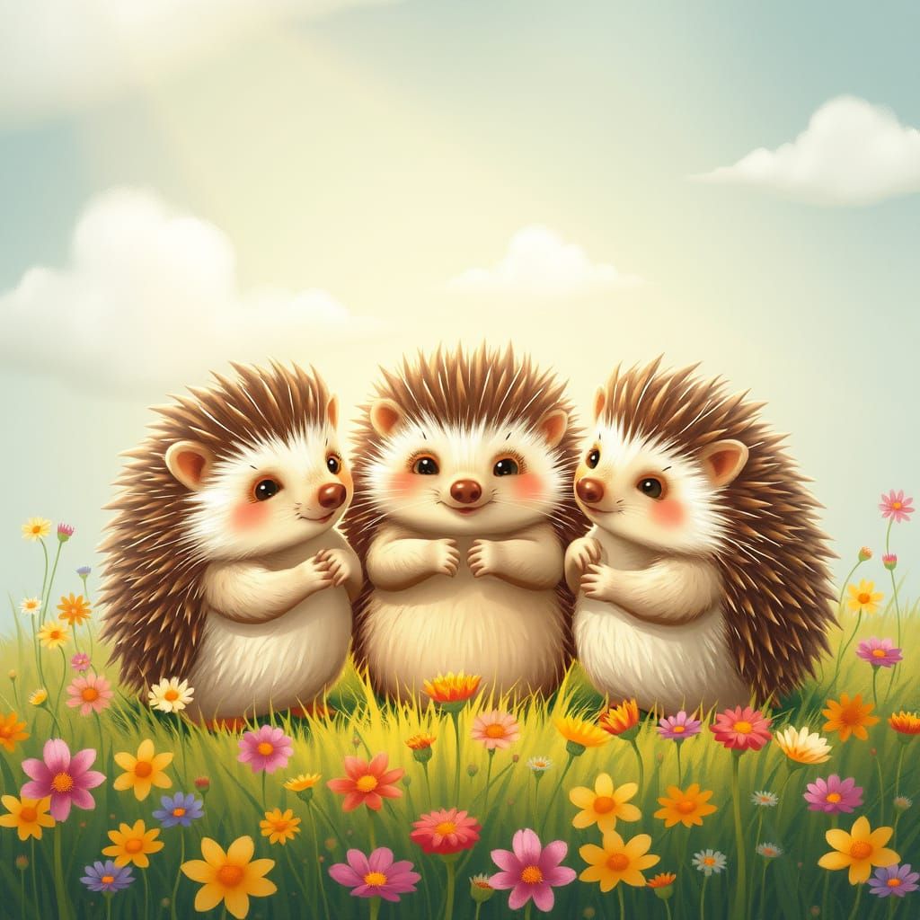 Three Hedgehogs in a Whimsical Meadow