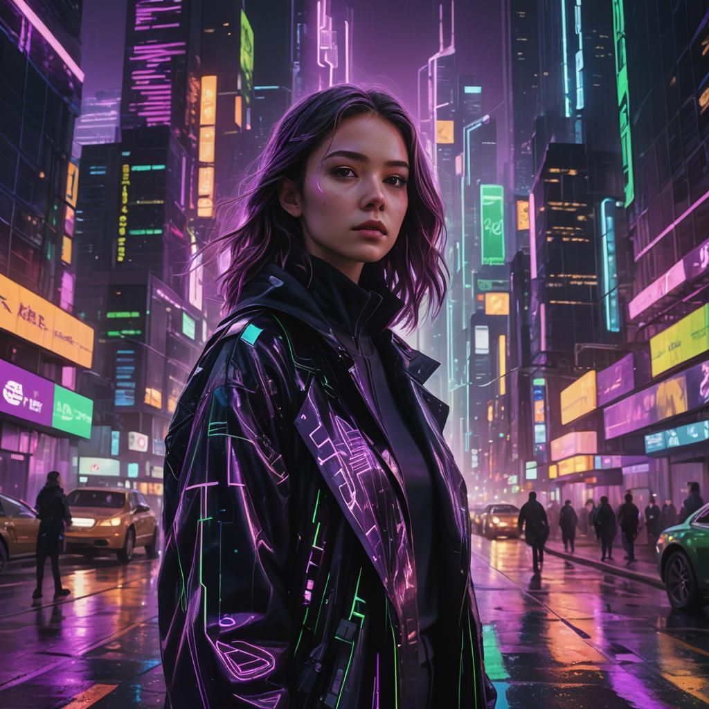 Neon Metropolis: Teenage Girl in Futuristic Attire
