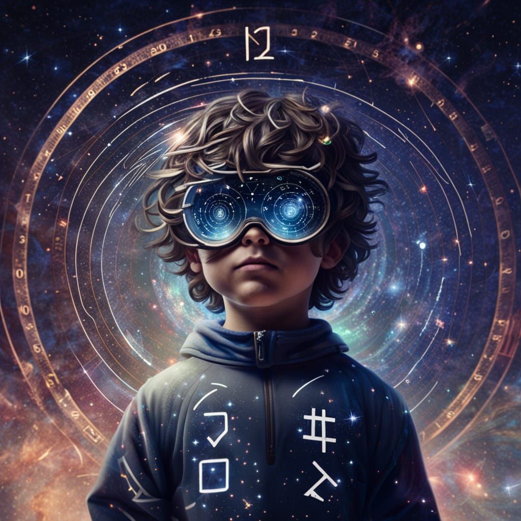 Boy in VR Goggles Amidst Swirling Universe
