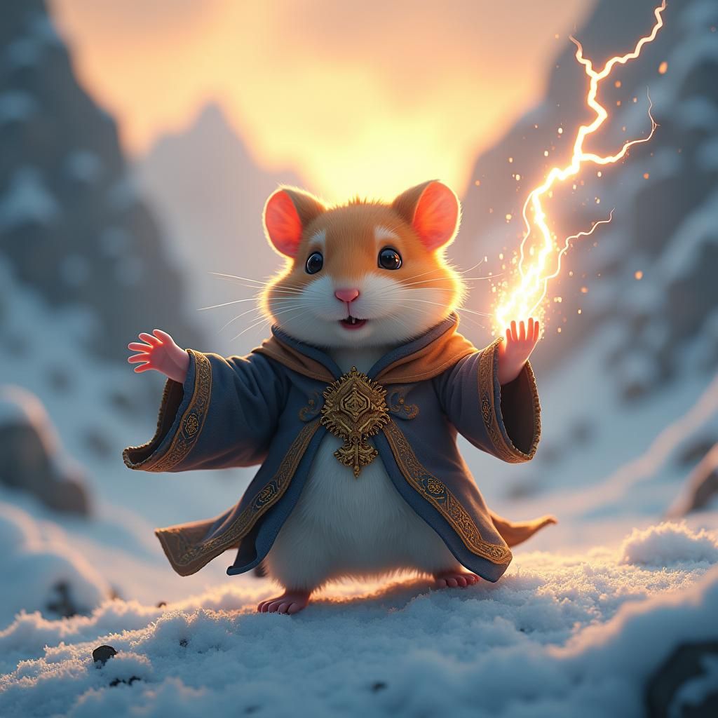 Wizard Hamster Commands Lightning in Snowy Scene