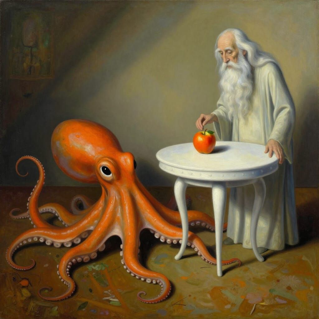 Surreal Oil Painting of Octopus and Mystical Man