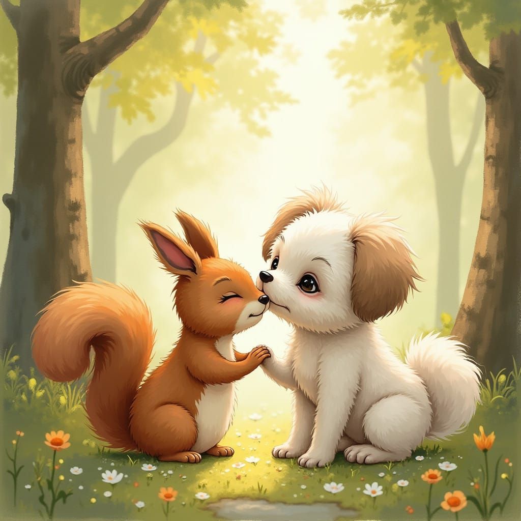Whimsical Havanese Puppy Kisses a Forest Squirrel
