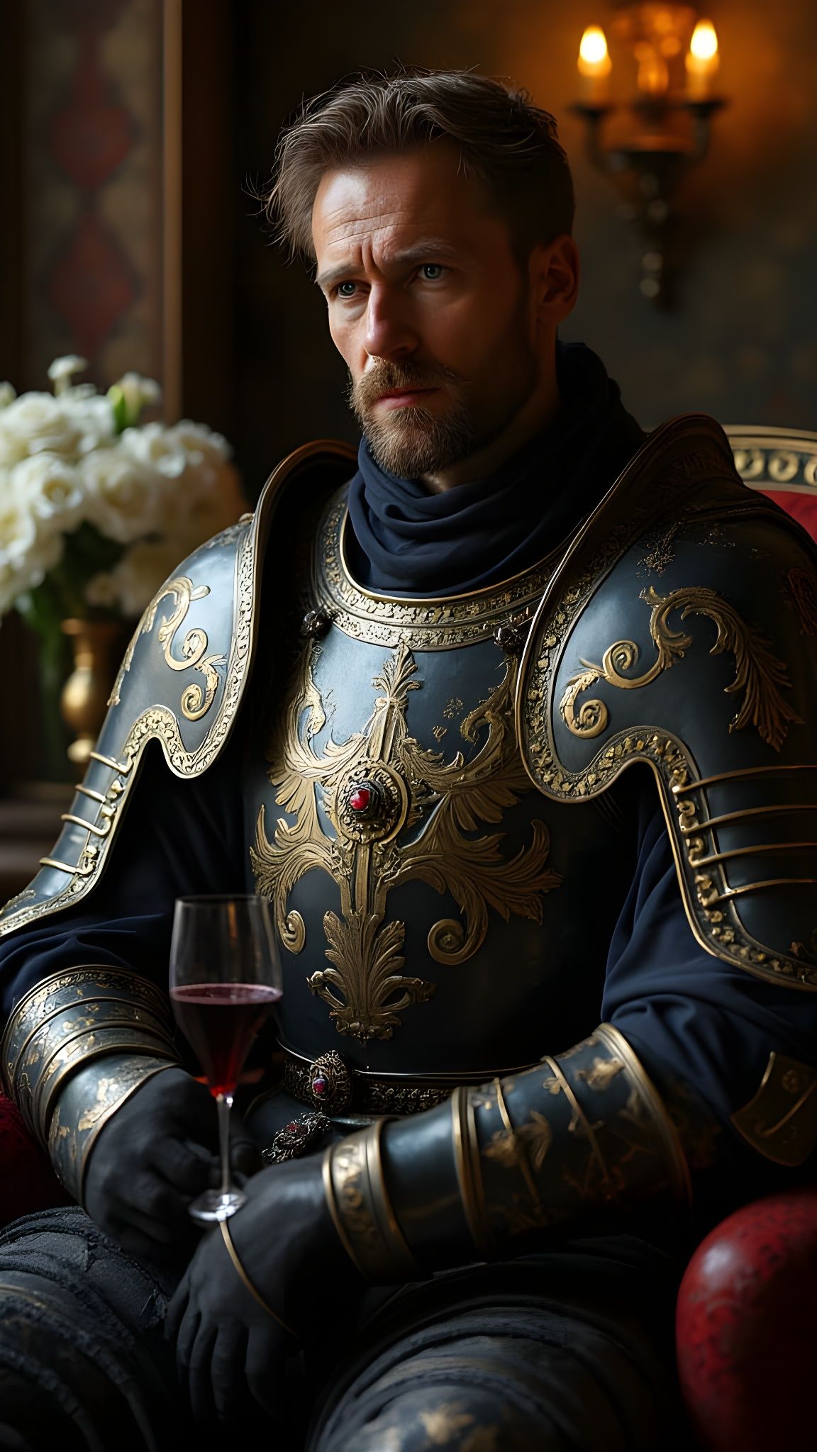 A Regal Knight Contemplates in Renaissance Armor