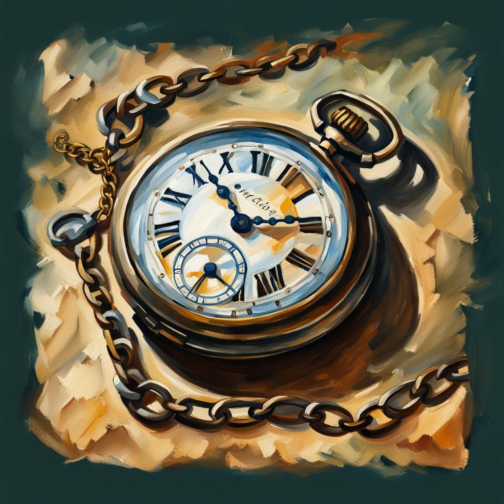 Antique Pocket Watch in Gouache Style Oil Painting