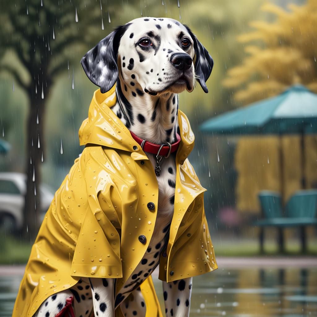 Dalmatian in Yellow Raincoat: Hyperrealistic Splash Art