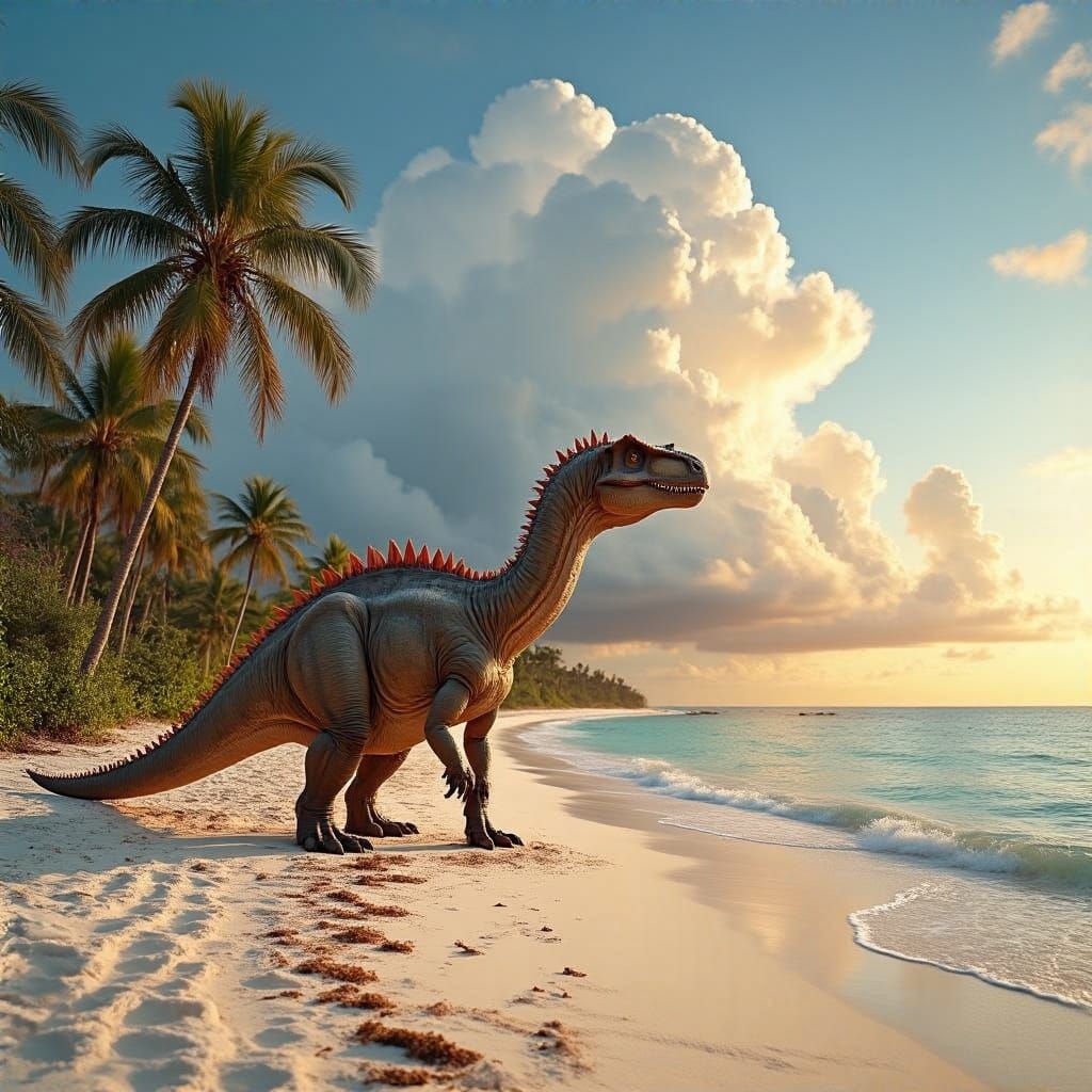 Apatosaurus on Tropical Beach Under Stormy Skies