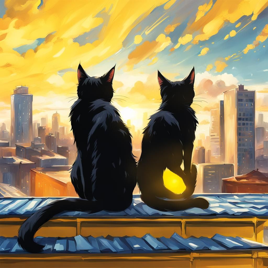 Black Cats on Rooftop in Anime Style