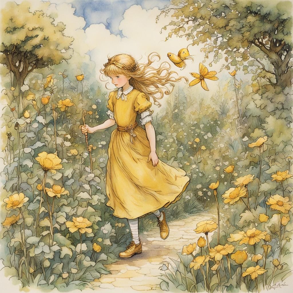 Golden Girl in Whimsical Garden Illustration