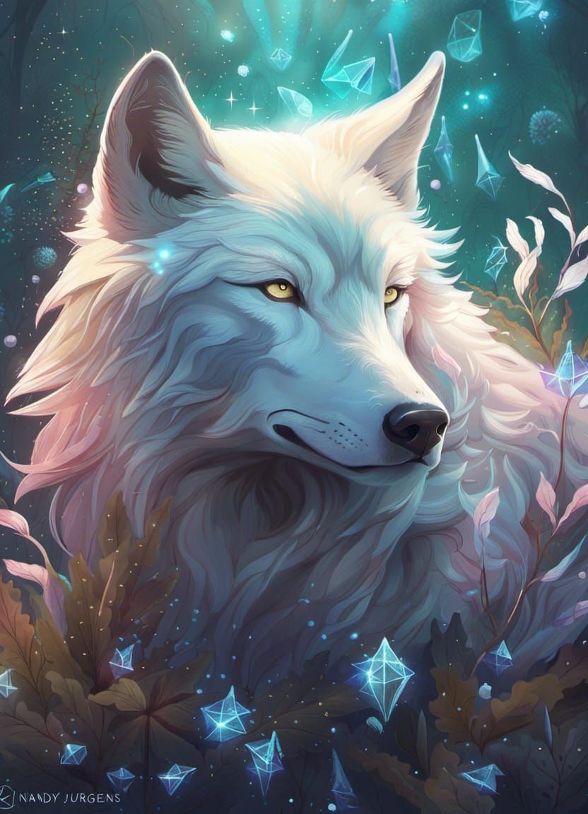 Majestic Spirit Wolf with Luminous Crystals: Digital Art