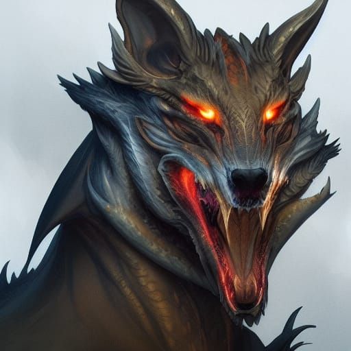 Dragon Wolf Hybrid Portrait in Art Nouveau Style