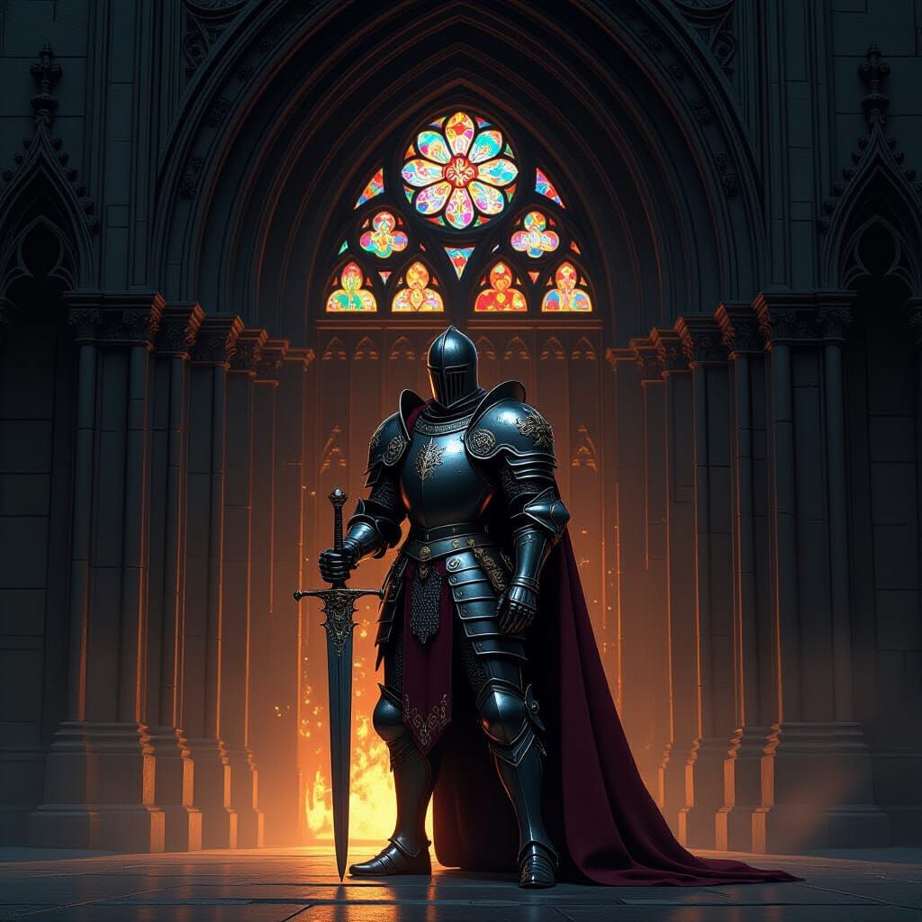 Knight Before Gothic Cathedral in Chiaroscuro