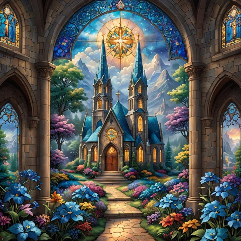 Ethereal Stained Glass Church with Blue Browallia