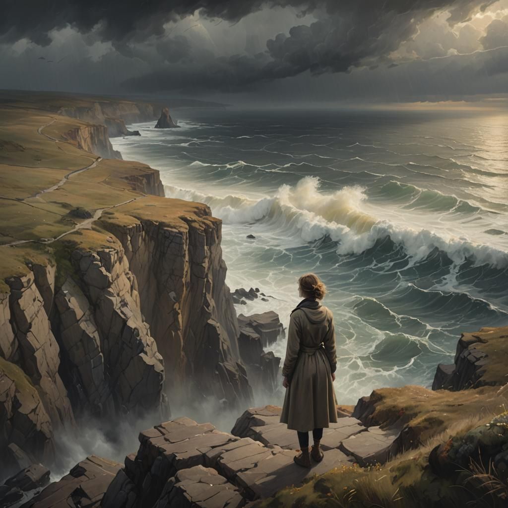 Cliffside Woman Overlooking Stormy Sea: Concept Art