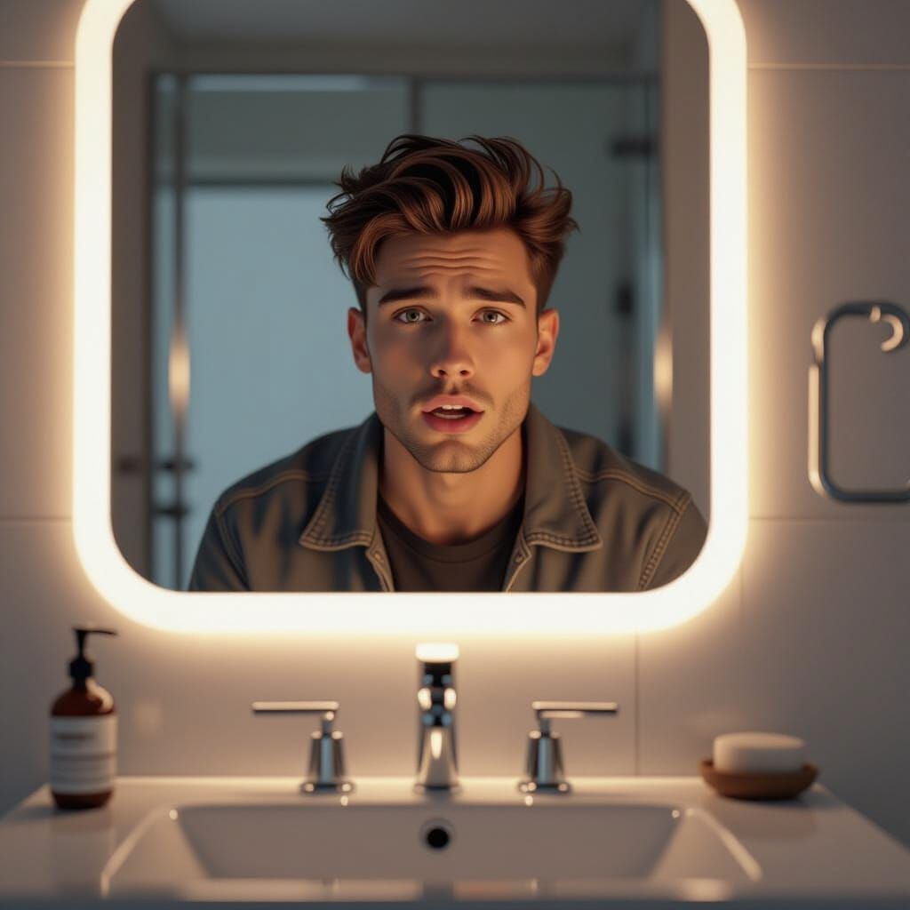 Young Man Mewing in Mirror, 8k Render