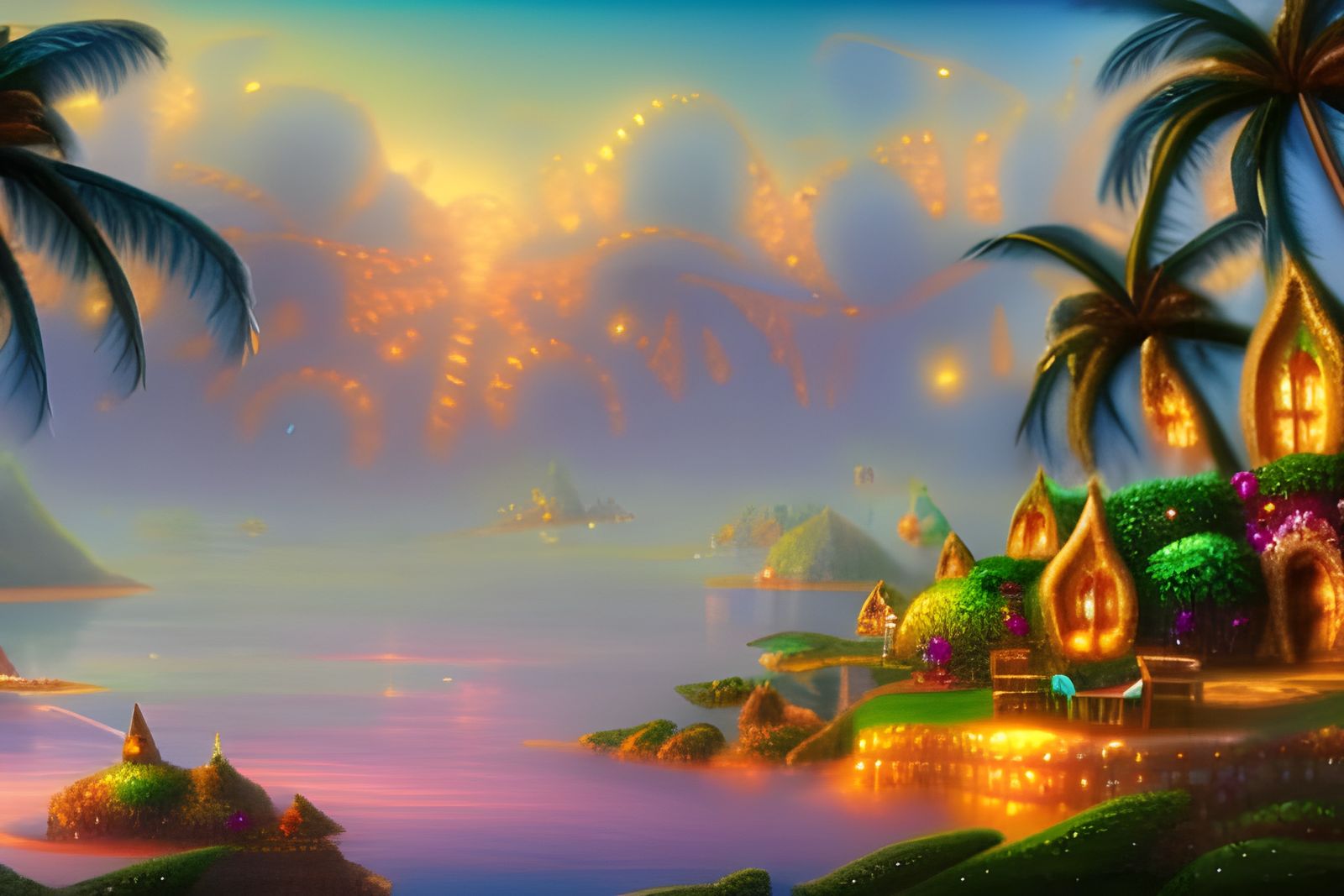 Tropical Fairy Village with Glittering Gold Details