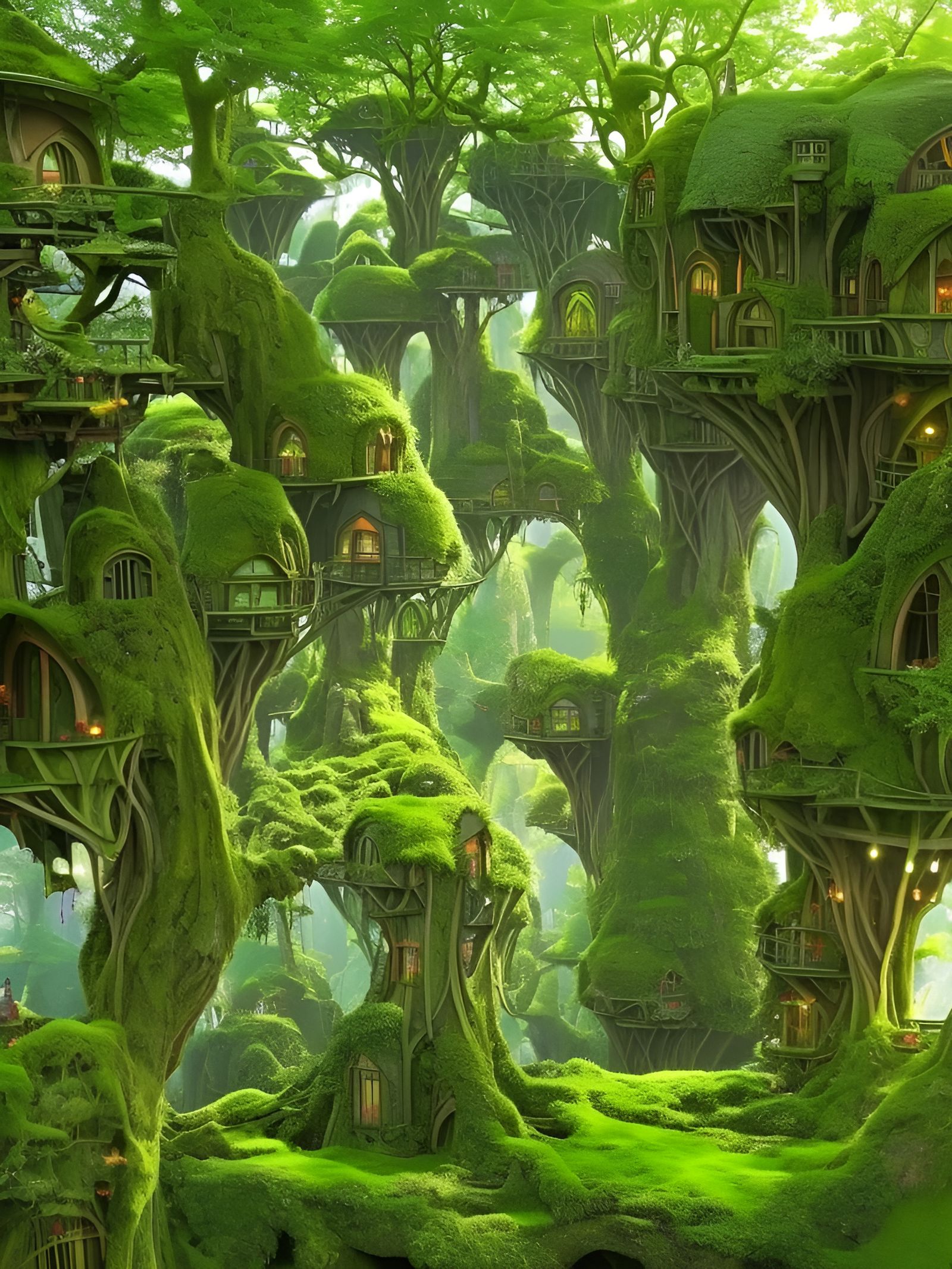 Magical Elvish Tree Village in Colorful Fantasy Setting