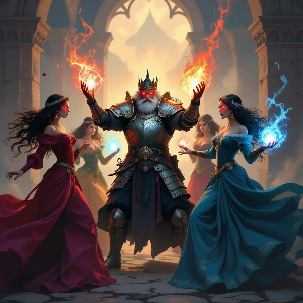 Epic Fantasy King Battles Sorceresses in Dramatic Lighting