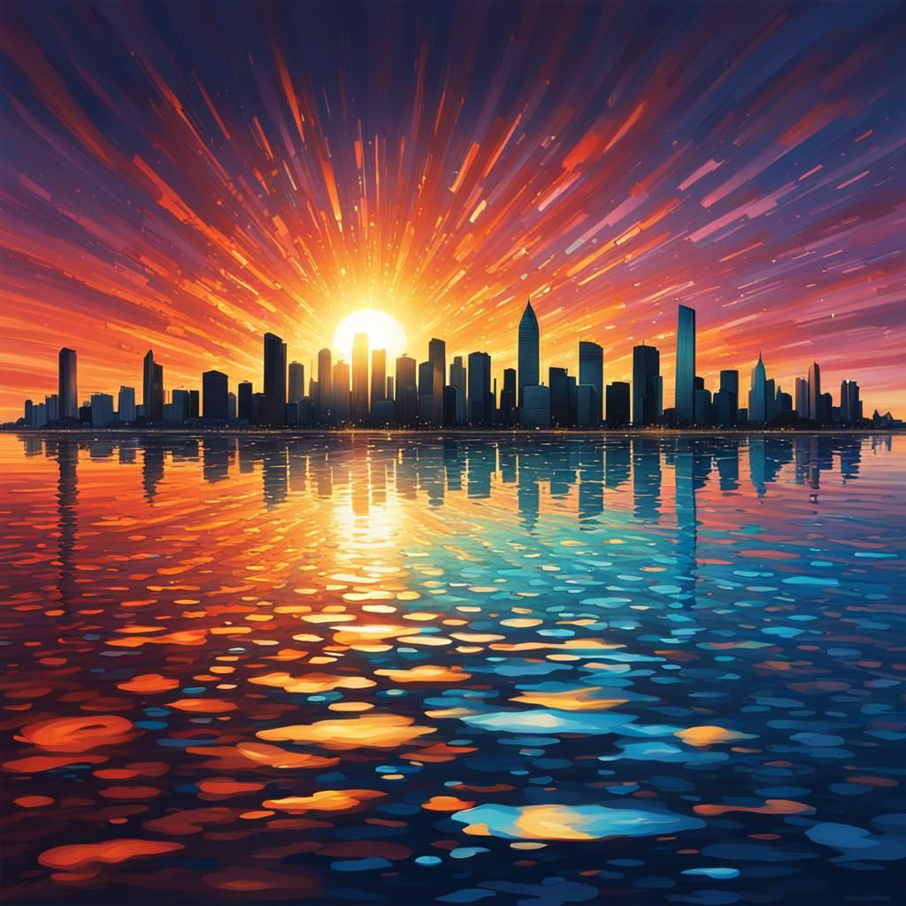Shimmering Cityscape Sunset in Hyperrealistic Splash Art