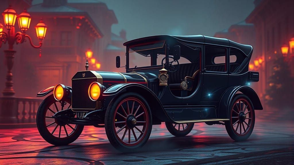 Nostalgic Futurism Cadillac Police Car in Mystical Setting