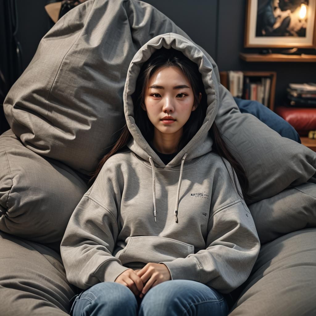 Hyperrealistic Korean Girl Lounging in Beanbag