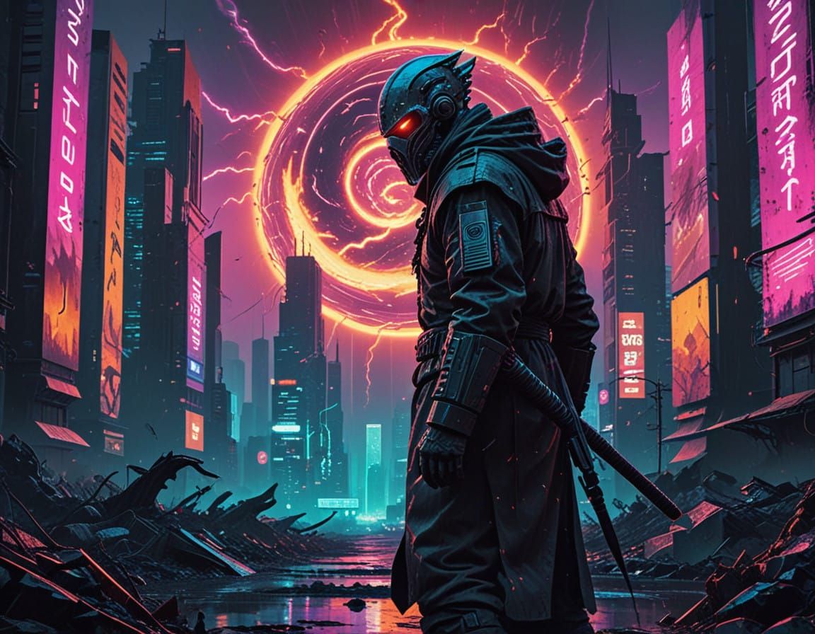 Warrior Monk Unleashes Digital Fury in Neon Dystopia