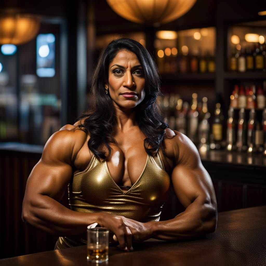 Muscular Indian Bodybuilding Champion in Gold Latex Dress