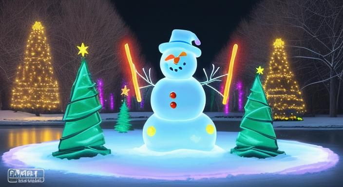 (Lighted christmas trees with balls)snowman by the frozen lake) graffiti art, splash art, street art, spray paint, oil g...