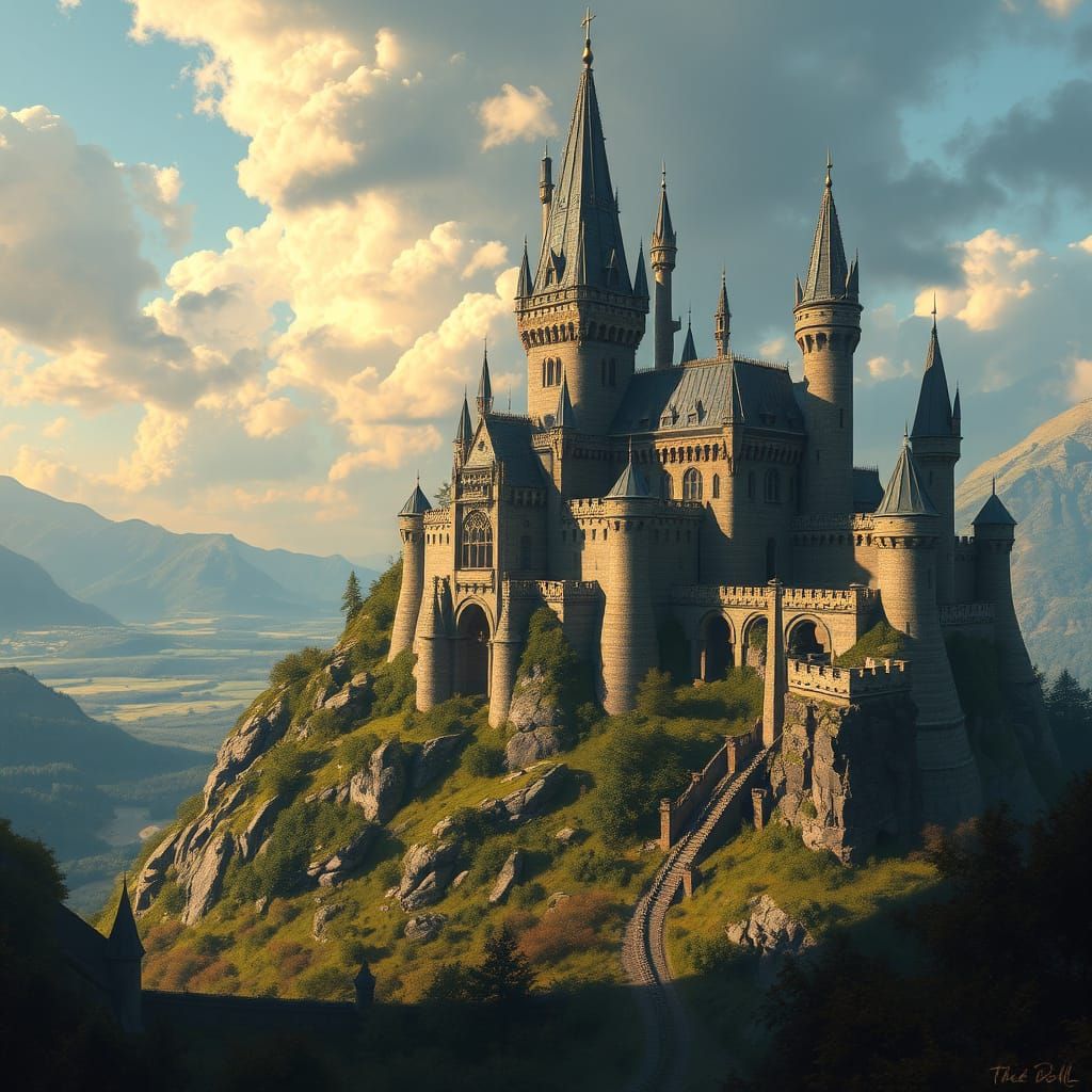 Majestic Castle Overlooking Lush Valley, Digital Art