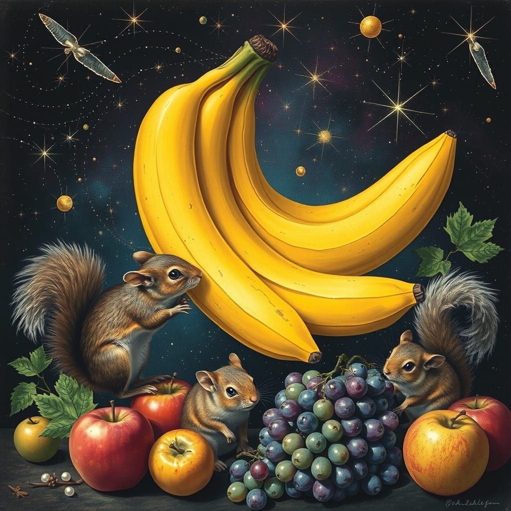 Surreal Fruit Paradise with Whimsical Creatures in a Glitch...