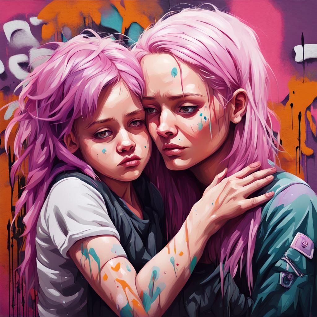 Pink Haired Mother and Daughter in Graffiti Art