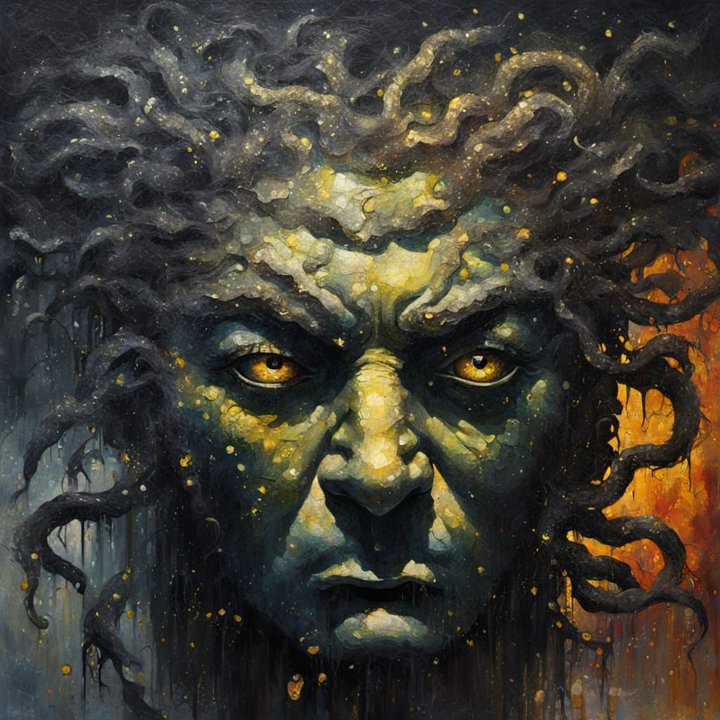Angry Medusa Oil Painting with Cracked Texture